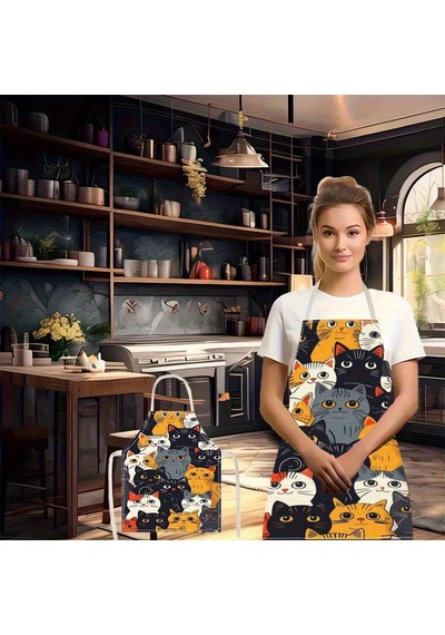 Valkyrie Kedi Desenli Mutfak Önlüğü Cepli Ayarlanabilir Askılı Unisex Mutfak Pişirme Servis Temizlik Önlüğü Siyah