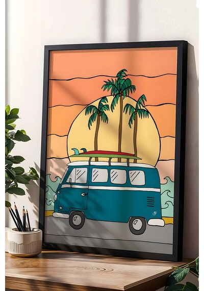 Volkswagen Minibüs İle Plaja Yolculuk Çerçeveli Tablo - Pop Art Poster Tablo