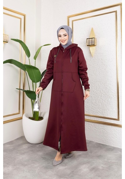 Harman Butik Kadın Cepli Kapüşonlu Zincir Detaylı Scuba Kumaş Kap Bordo Bordo