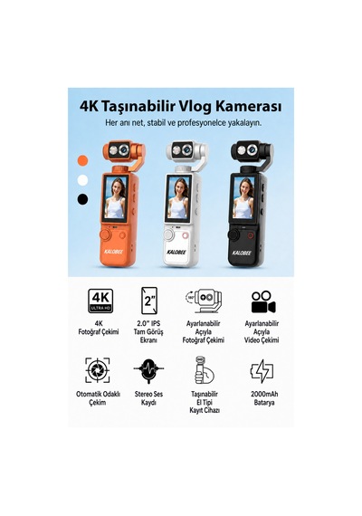Kalobee Pocket3 Pro 4k Ultra Hd El Tipi Kamera 180 Döner Başlıklı Otofokus Vlog Kamerası Dokunmatik Ekranlı Cep Kamerası