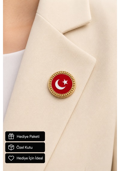 Türk Bayrağı Motifli Gold Kadın Broşu Zarif Hilal Yıldız Tasarımlı Yaka Broşu Açık Gri