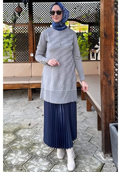 Rabia Şamlı Bilge Triko Tunik Gri Çok Renkli