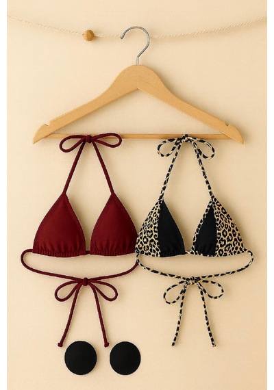 Angbutik Kadın Leopar Desenli Ve Bordo Minimal Kesim Üçgen Bikini Üstü
