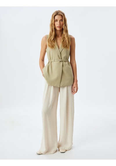 Koton Kemerli Kruvaze Uzun Blazer Yelek Ada Çayı 5sak20008uw Açık Yeşil
