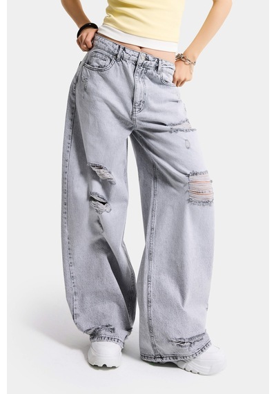 it's basic Kadın Gri 12s6-12 Süper Baggy Fit Yırtık Ve Nakış Detaylı Özel Tasarım Denim Jean