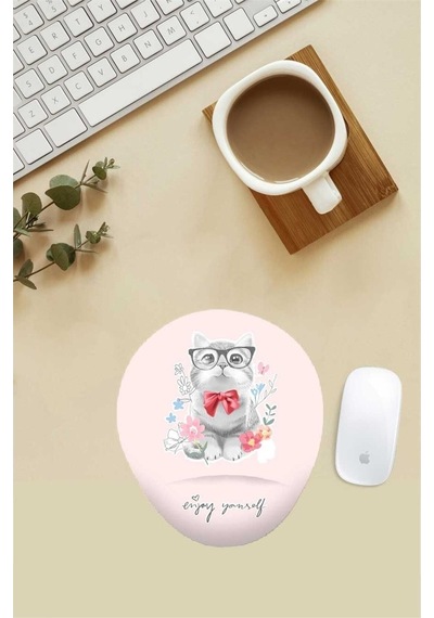 Gözlüklü Tatlı Kedi Desenli Bilek Destekli Mouse Pad Mousepad