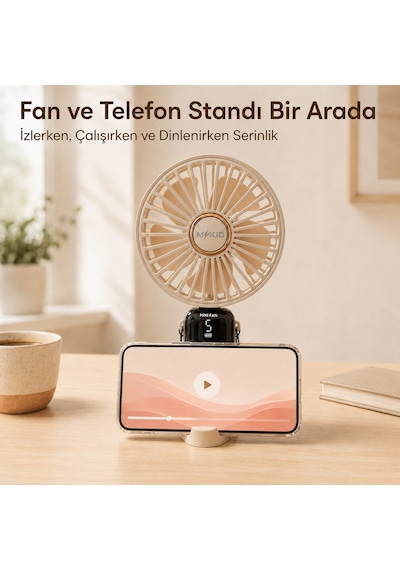 Mkio Şarjlı El Vantilatörü 5 Kademeli, Katlanabilir Dijital Ekranlı Mini El Fanı, 1200 Mah, 5 Pervaneli Güçlü Hava Akışı, Standlı Masaüstü Fan, Usb Şarjlı - Krem Renk