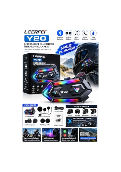 Y20 Lf-y20 Motosiklet Kask Bluetooth Kulaklığı Rgb Işıklı Bluetooth 5.3 Ipx6 1000 Mah Type-c