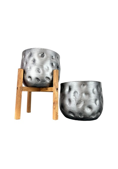 Bitki Tasarımı Ev Dekorasyon Aksesuar Gümüş Desenli Toprak Saksı Saksılık Salon Çiçeklik İkili Set 4 Ayaklı - Ayaksız 19 Cm