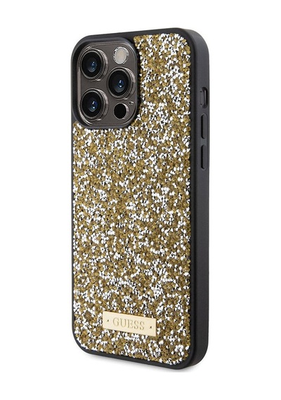 Apple Uyumlu iPhone 15 Pro Max Kılıf Guess Lisanslı Taşlı Arka Yüzey Metal Yazı Logolu Kapak Siyah