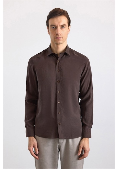 Süvari Koyu Kahve Slim Klasik Yaka Düz Casual Gömlek Gm1008400352-kh9