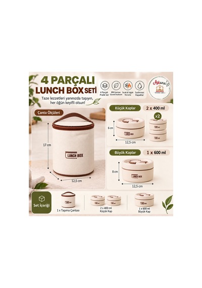 Paslanmaz Çelik Taşınabilir Lunch Box Vakumlu Yemek Kabı Seti, Çatal-kaşık Bölmeli Isı Yalıtımlı Taşıma Çantalı Sefertası Seti Bej