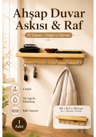 Duvar Askılığı Ahşap Portmanto Kıyafet Askılığı, Anahtarlık Ahşap Ahşap