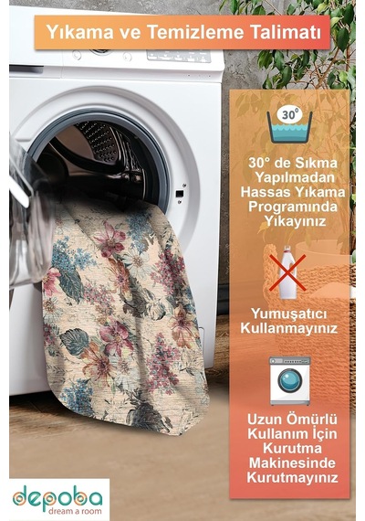 Elens Çiçekli Şönil Doğal Pamuk Tabanlı Koridor Halısı Kaymaz Yıkanabilir Çevre Dostu Yolluk, 100x300 Çok Renkli