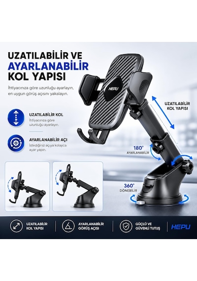 Hp-a21 Uzun Kollu Araç İçi Telefon Tutucu Karbon Desenli Gövde + Vantuz Taban Cam & Torpido Uyumlu 2 Mixed