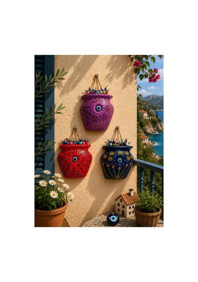 Çini Desenli Saksı Ev Dekorasyon Duvar Dekorasyon Bahçe Dekorasyon Balkon Dekorasyon Süsü 3 ' Lü Set Lacivertt