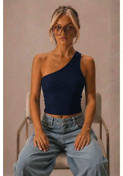 Tarz Cool Kadın Tek Omuz Crop Atlet Esnek Slim Fit Süprem Kumaş Asimetrik Yaka Bluz Lacivert