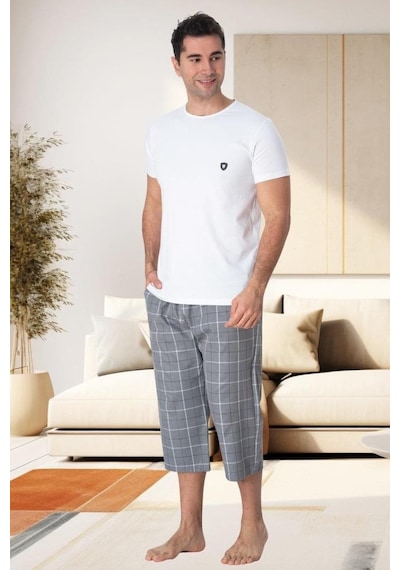 Mecit Pijama Mecit 2913 Gri Ekoseli Erkek Büyük Beden Kapri Pijama Takımı 001