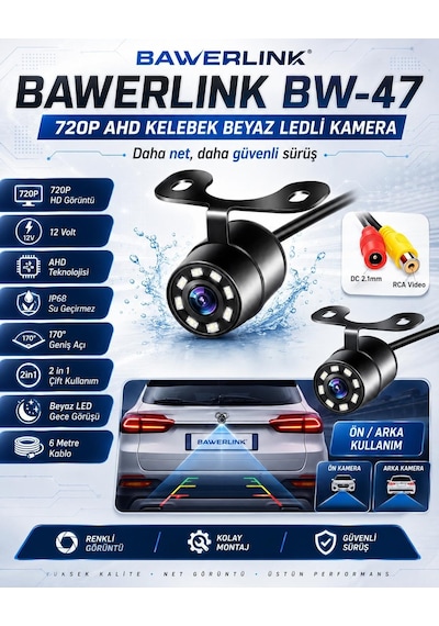 Bawerlink Bw-47 720p Ahd Kelebek Araç Geri Görüş Kamerası Beyaz Ledli Ip68 Su Geçirmez 170 Geniş Açı