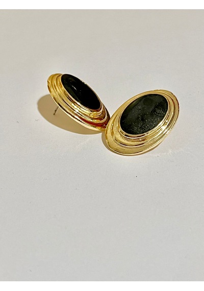 Vintage Gold Oval Siyah Taşlı Küpe - Retro Şıklık Altın - Siyah