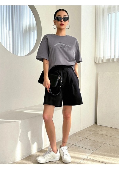 Flood Of Style Kadın Füme Clarity And Candor Baskılı Oversize T-shirt Gri