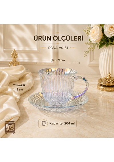 Rova Tr İridyum Cam Çay Fincanı Takımı Dikey Çizgili 6 Kişilik 12 Parça Çok Renkli
