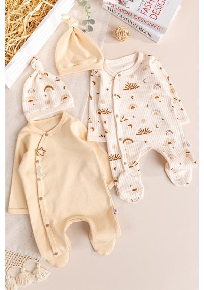 Babymod Güneş Desenli 4'lü 100% Pamuk Kız Erkek Bebek Tulum Set Bej