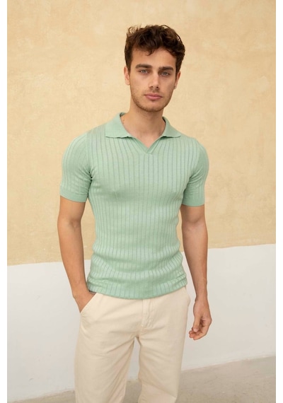 Erkek Fitilli Polo Yaka Triko T-shirt SU YEŞİLİ