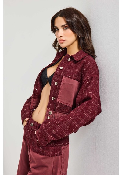Kadın Bordo 6w6-35 Dokuma Denim Kumaş Karışımlı Önü Düğmeli Özel Tasarım Bomber Ceket