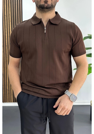 Erkek Slim Fit Fermuarlı Polo Yaka Tişört Kahverengi Edw452 Kahverengi