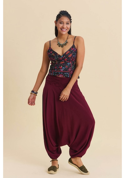 Drape Detay Beli Lastikli Şalvar Pantolon Bordo