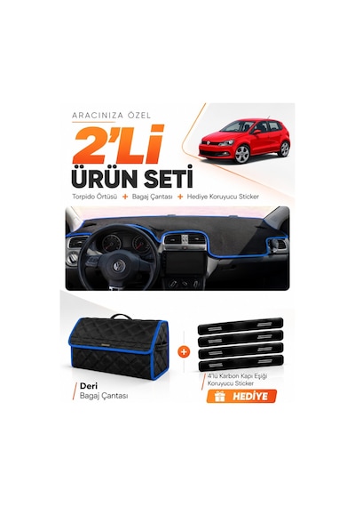 E-biz Volkswagen Polo 2009-2019 Uyumlu Torpido Örtüsü + Deri Bagaj Çantası - Siyah-mavi - Vw021