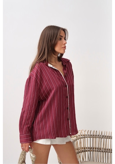 Paw Garage Kadın Monroe Dantel Işlemeli Yazlık Gömlek, Dokuma Modal Kumaş Oversize Gömlek Bordo Paw Garage Kadın Monroe Dantel Işlemeli Yazlık Gömlek, Dokuma Modal Kumaş Oversize Gömlek Bordo