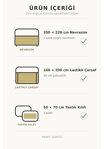Çift Kişilik Çizgili Saten Çarşafı Lastikli Nevresim Takımı Otel Tipi Yumuşak & Parlak Kutulu Krem