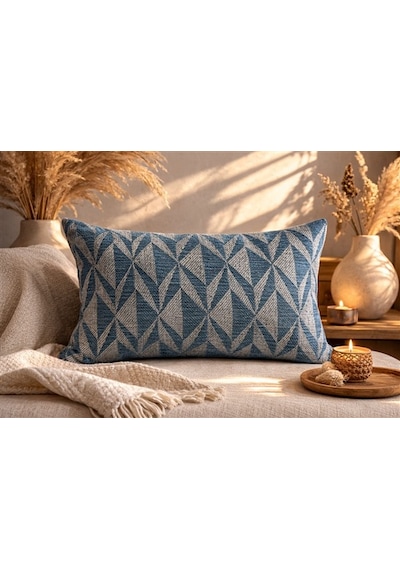 Mavi Geometrik Desenli Keten Kırlent Kılıfı 35x50 Cm Premium Collection Mavi - Gri