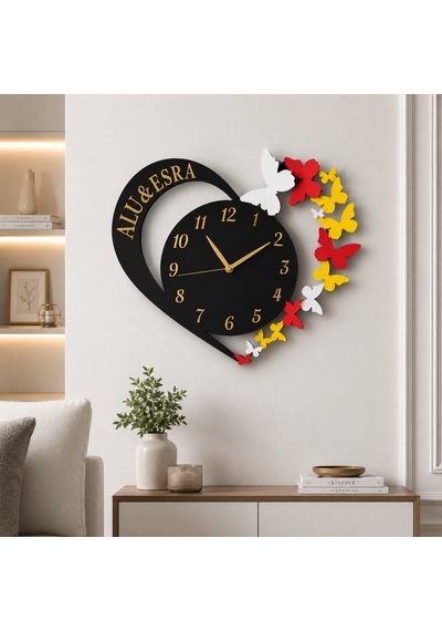 Kişiye Özel Kalpli Kelebekli Duvar Saati 45x40 Cm 6 Mm Mdf Sessiz Mekanizma Siyah