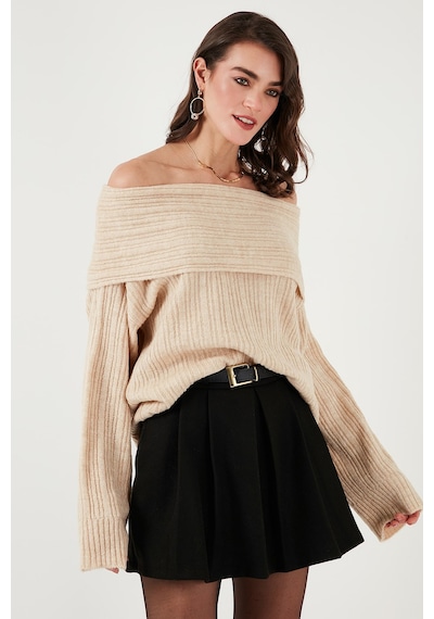 Lela Oversize Fit Madonna Yaka Triko Bayan Kazak 4615216 Bej