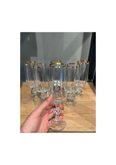 6 Lı 180 Cc Kristal Kahve Yanı Su Bardağı Ağız Altın Seffaf
