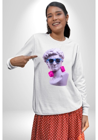 Kulaklık Gözlük Pop Art Heykel Unisex Beyaz Sweatshirt Beyaz