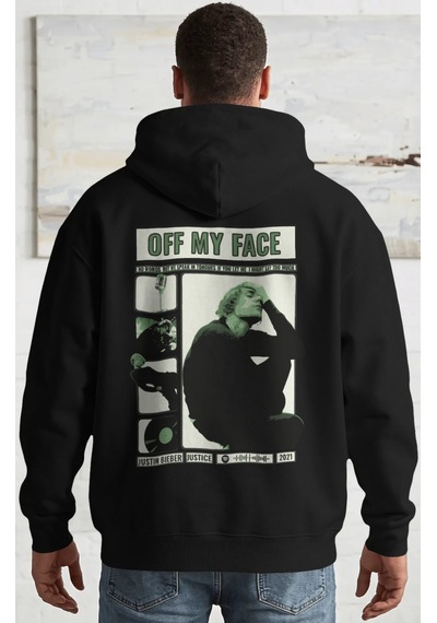 Sevbano Justin Bieber Off My Face Şarkıcı Sırt Baskılı Unisex Oversize Pe Siyah