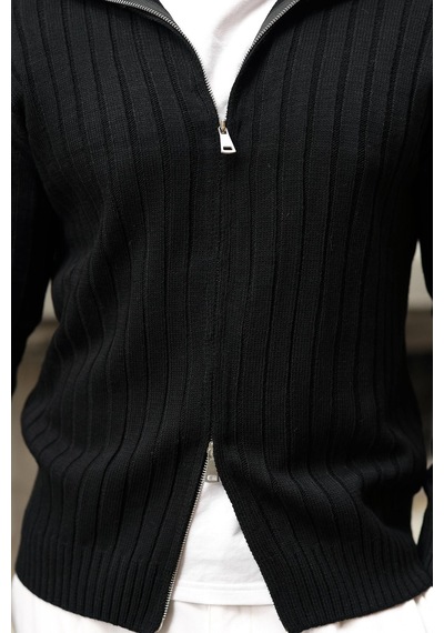 Madmext Siyah Çift Fermuarlı Slim Fit Çizgili Erkek Triko Hırka E7522