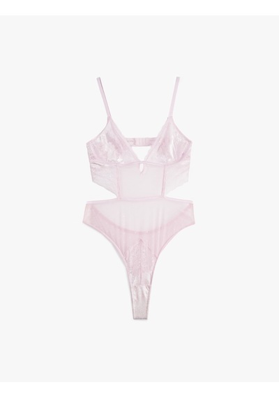 Koton Dantel Detaylı Rahat Kalıp V Yaka Tül Askılı Bodysuit Pembe 6slk00001mk Gül