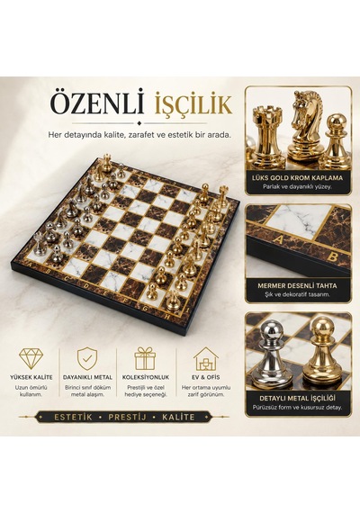 Lüks Metal Satranç Takımı Krom Figürlü 20x20 Cm Kehribar Tahta Dekoratif Koleksiyon Hediye Seti Özel