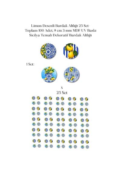 Limon Desenli Bardak Altlığı 25 Set Toplam 100 Adet 9 Cm Mdf Sicilya Çok Renkli
