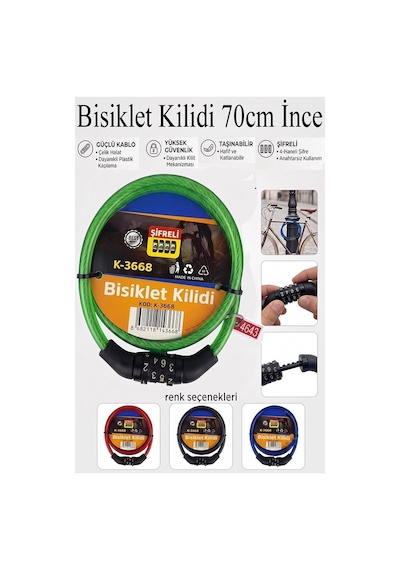 Şifreli Bisiklet Kilidi 70 Cm İnce 1 Adet K-3668 Çelik Halat Plastik Kaplamalı Bisiklet Kiliti Scooter Kapı Şifreli Yeşil
