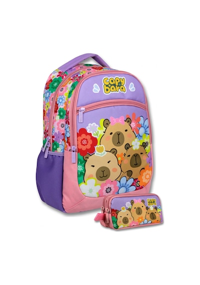 Capybara Mor - Pembe Kız Çocuk Çiçek Ve Capybara Baskılı İlkokul Çantası Ve Kalemlik Seti - Setcpb6203c Çok Renkli