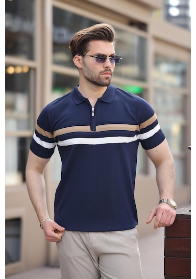Madmext Lacivert Fermuarlı Polo Yaka Triko Erkek T-shirt E7299 Lacivert