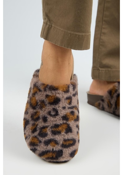 Manijero Leda Kadın Peluş Düz Vizon Leopar Terlik