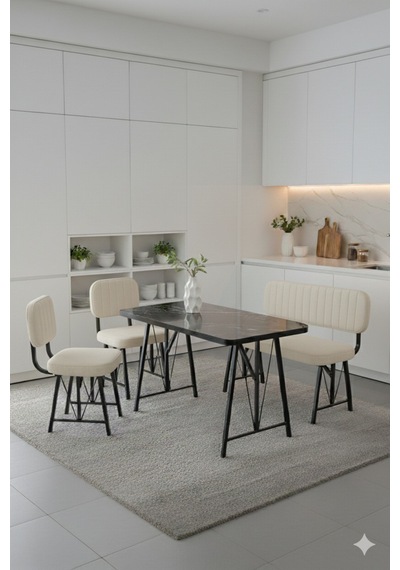 Elfin 70x110 Siyah Sabit, 2 Sandalye 1 Bench, Masa Sandalye Takımı, Mutfak Masası Takımı - Krem Elfin 70x110 Siyah Sabit, 2 Sandalye 1 Bench, Masa Sandalye Takımı, Mutfak Masası Takımı - Krem