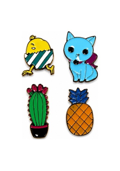 Sevimli Karakterler 4'lü Metal Rozet Kedi, Civciv, Kaktüs Ve Ananas Koleksiyon Gri